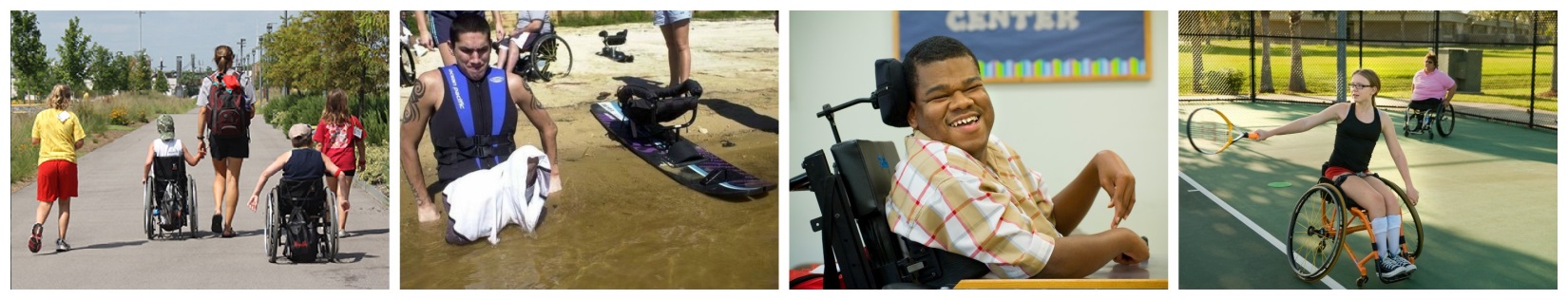 various images of people with disabilities being physically active at a park, on a tennis court, and in the water